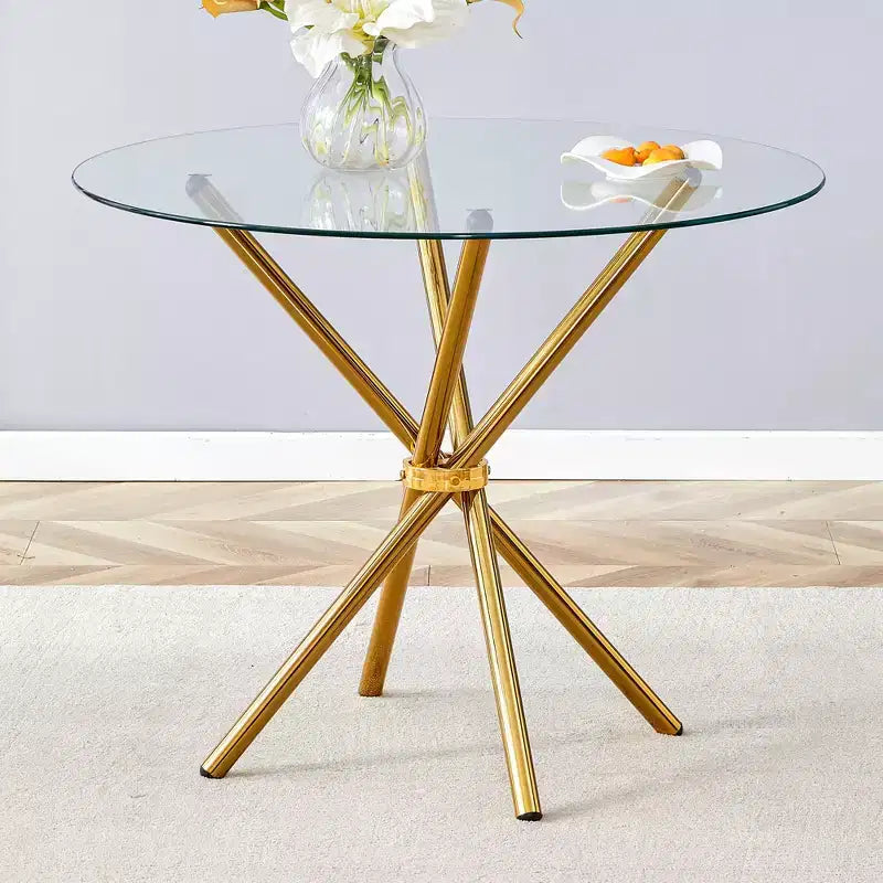 Table à manger ronde Okak moderne en verre trempé pour 4 personnes avec piètement croisé en métal pour salle à manger, salon, bureau, cuisine