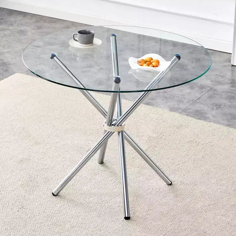 Okak Round Dining Table Modern Tempered Glass Table for 4 People with Cross Metal Base for Dining Room, Living Room, Office, Kitchen