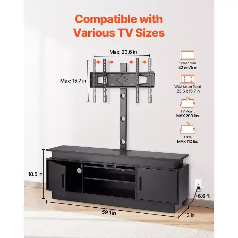 Meuble TV VEVOR 60 po avec support pour téléviseurs jusqu'à 75 po, centre de divertissement avec prise de courant, hauteur réglable, noir
