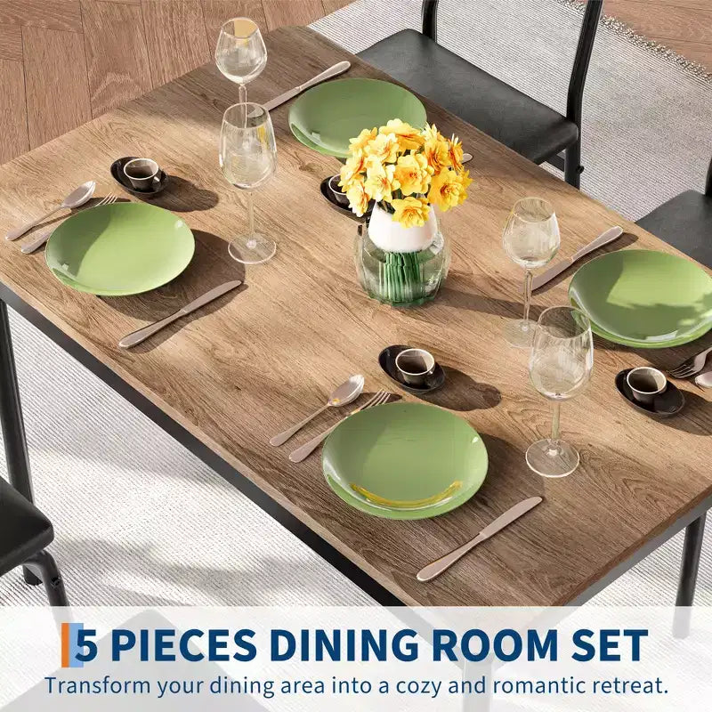 Ensemble de salle à manger 5 pièces, ensemble table de cuisine en bois avec 4 chaises rembourrées en PU, ensemble de dînette avec structure en métal industriel, marron
