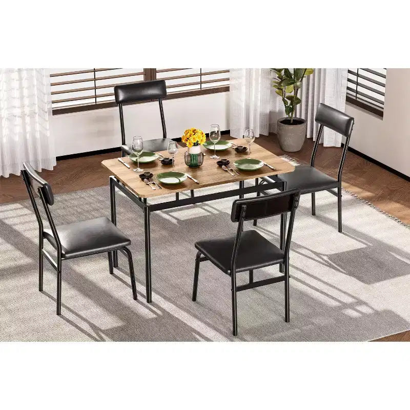 Ensemble de salle à manger 5 pièces, ensemble table de cuisine en bois avec 4 chaises rembourrées en PU, ensemble de dînette avec structure en métal industriel, marron