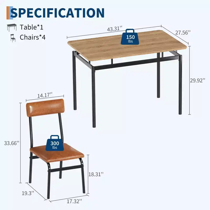 Ensemble de salle à manger 5 pièces, ensemble table de cuisine en bois avec 4 chaises rembourrées en PU, ensemble de dînette avec structure en métal industriel, marron