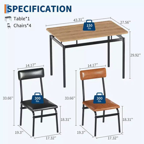Ensemble de salle à manger 5 pièces, ensemble table de cuisine en bois avec 4 chaises rembourrées en PU, ensemble de dînette avec structure en métal industriel, marron