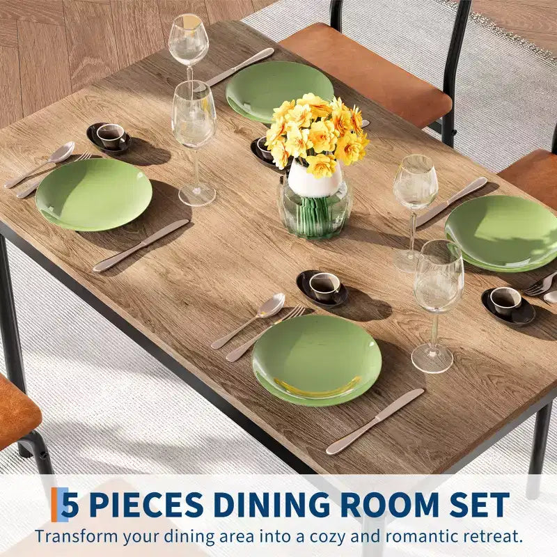 Ensemble de salle à manger 5 pièces, ensemble table de cuisine en bois avec 4 chaises rembourrées en PU, ensemble de dînette avec structure en métal industriel, marron