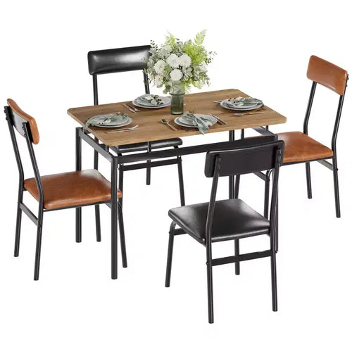 5 Piece Dining Table Set, Wooden Kitchen Table Set with 4 PU Upholstered Chair, Industrial Metal Frame Dinette Set, Brown
