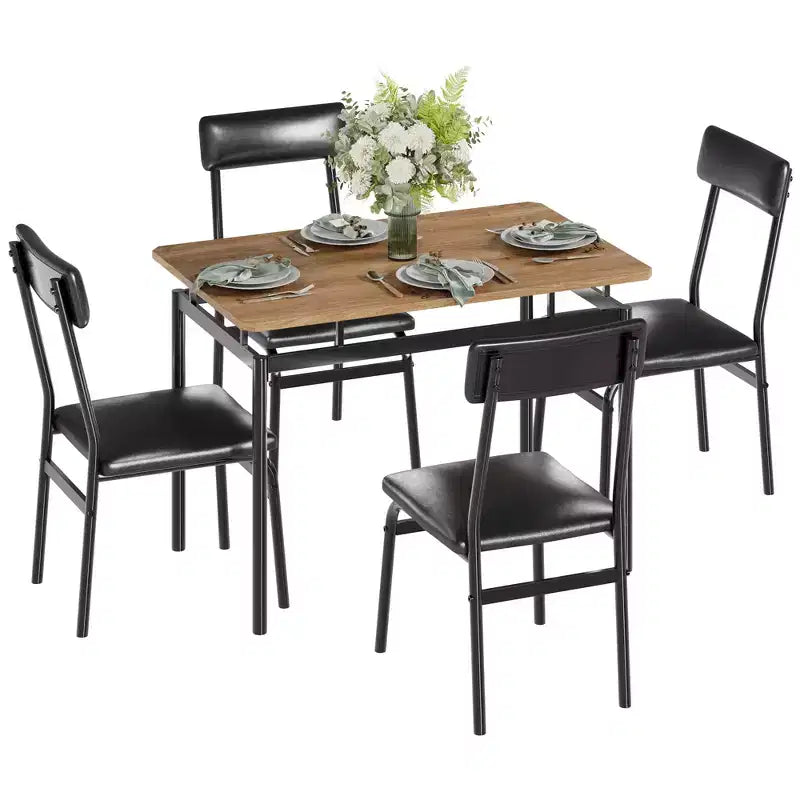 Ensemble de salle à manger 5 pièces, ensemble table de cuisine en bois avec 4 chaises rembourrées en PU, ensemble de dînette avec structure en métal industriel, marron