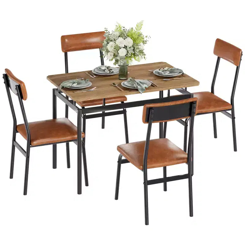 Ensemble de salle à manger 5 pièces, ensemble table de cuisine en bois avec 4 chaises rembourrées en PU, ensemble de dînette avec structure en métal industriel, marron