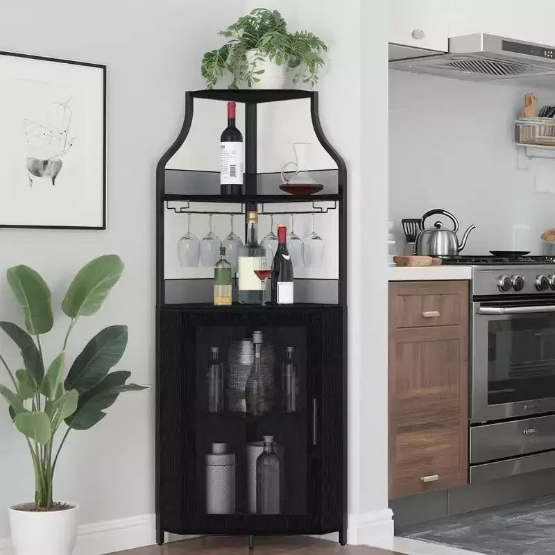 Meuble à vin d'angle, porte-bouteilles en métal pouvant contenir plus de 50 bouteilles et verres, rangement à vin au sol pour cuisine, salle à manger, bureau, bar