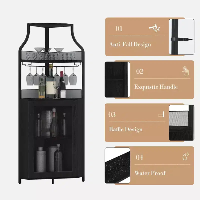 Meuble à vin d'angle, porte-bouteilles en métal pouvant contenir plus de 50 bouteilles et verres, rangement à vin au sol pour cuisine, salle à manger, bureau, bar