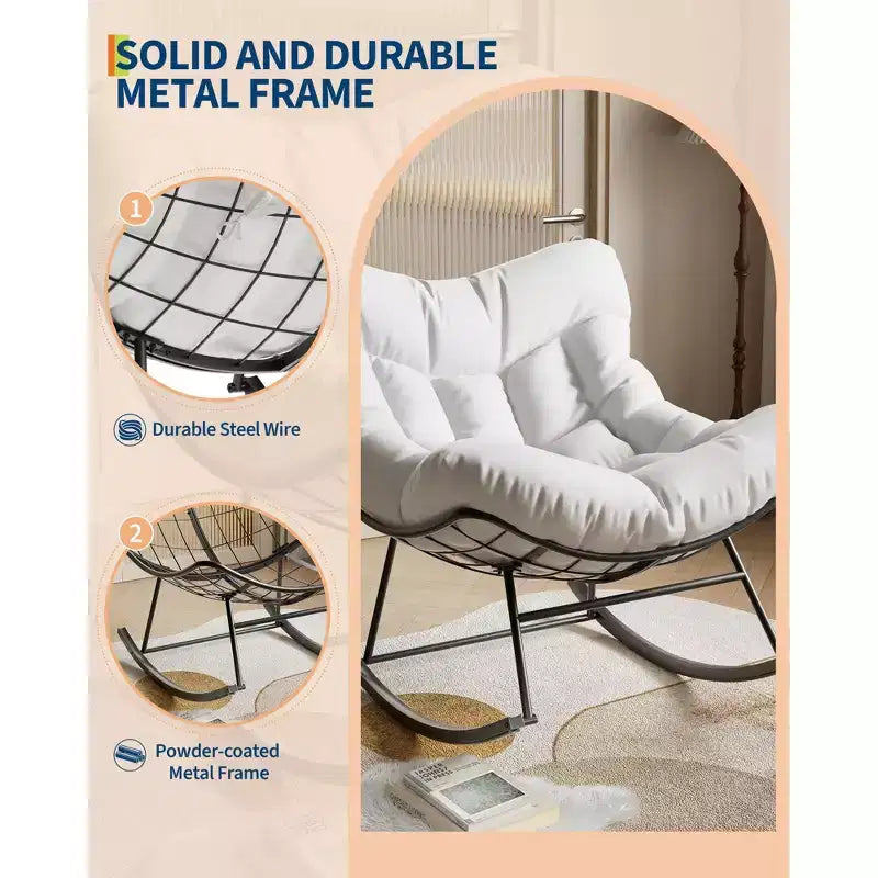 Fauteuil à bascule d'extérieur Papasan TROPOW, fauteuil œuf en osier surdimensionné pour patio avec coussin épais et moelleux, transat à bascule, fauteuil de lecture confortable pour balcon