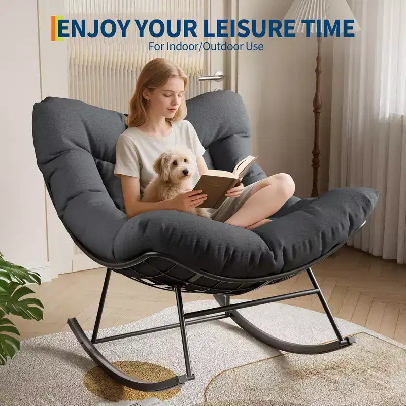Fauteuil à bascule d'extérieur Papasan TROPOW, fauteuil œuf en osier surdimensionné pour patio avec coussin épais et moelleux, transat à bascule, fauteuil de lecture confortable pour balcon