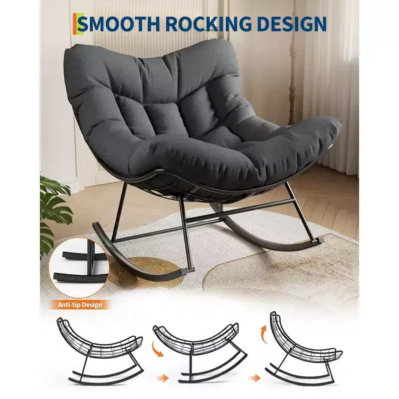 Fauteuil à bascule d'extérieur Papasan TROPOW, fauteuil œuf en osier surdimensionné pour patio avec coussin épais et moelleux, transat à bascule, fauteuil de lecture confortable pour balcon