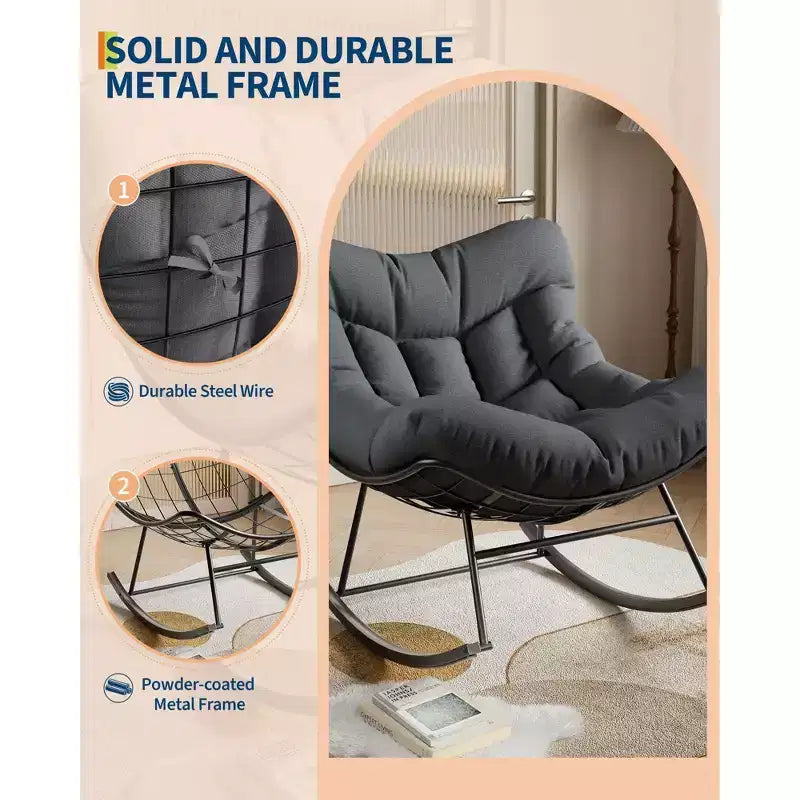 Fauteuil à bascule d'extérieur Papasan TROPOW, fauteuil œuf en osier surdimensionné pour patio avec coussin épais et moelleux, transat à bascule, fauteuil de lecture confortable pour balcon