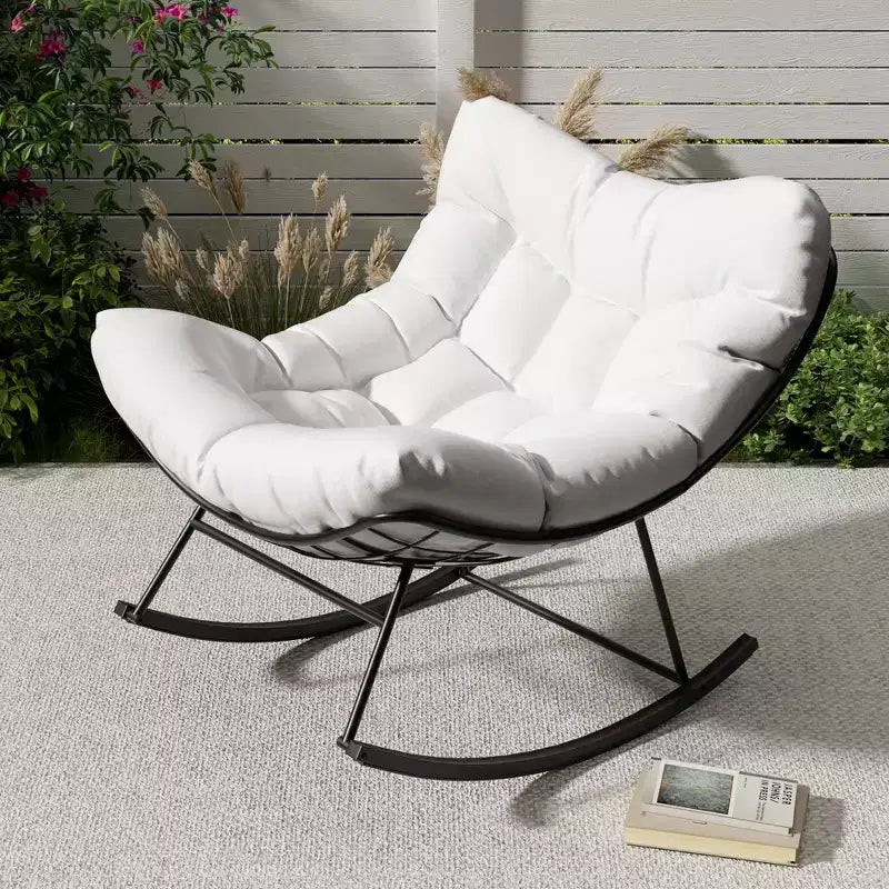 Fauteuil à bascule d'extérieur Papasan TROPOW, fauteuil œuf en osier surdimensionné pour patio avec coussin épais et moelleux, transat à bascule, fauteuil de lecture confortable pour balcon