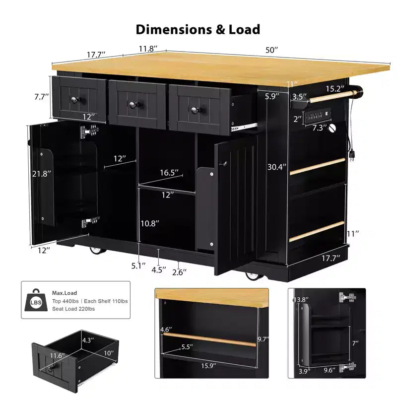 CLIHOME 53 Grand îlot de cuisine avec abattant, support de rangement interne de porte, chariot de cuisine roulant sur 5 roulettes avec 5 étagères latérales ouvertes