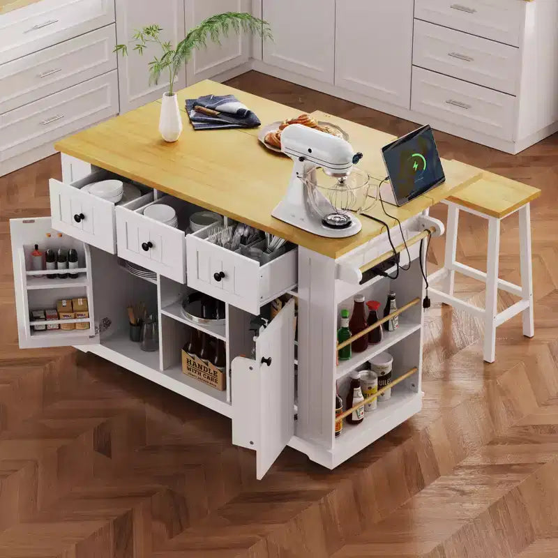 CLIHOME 53 Grand îlot de cuisine avec abattant, support de rangement interne de porte, chariot de cuisine roulant sur 5 roulettes avec 5 étagères latérales ouvertes
