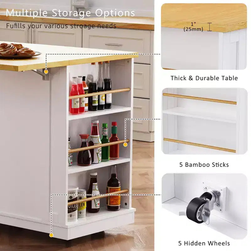 CLIHOME 53 Grand îlot de cuisine avec abattant, support de rangement interne de porte, chariot de cuisine roulant sur 5 roulettes avec 5 étagères latérales ouvertes