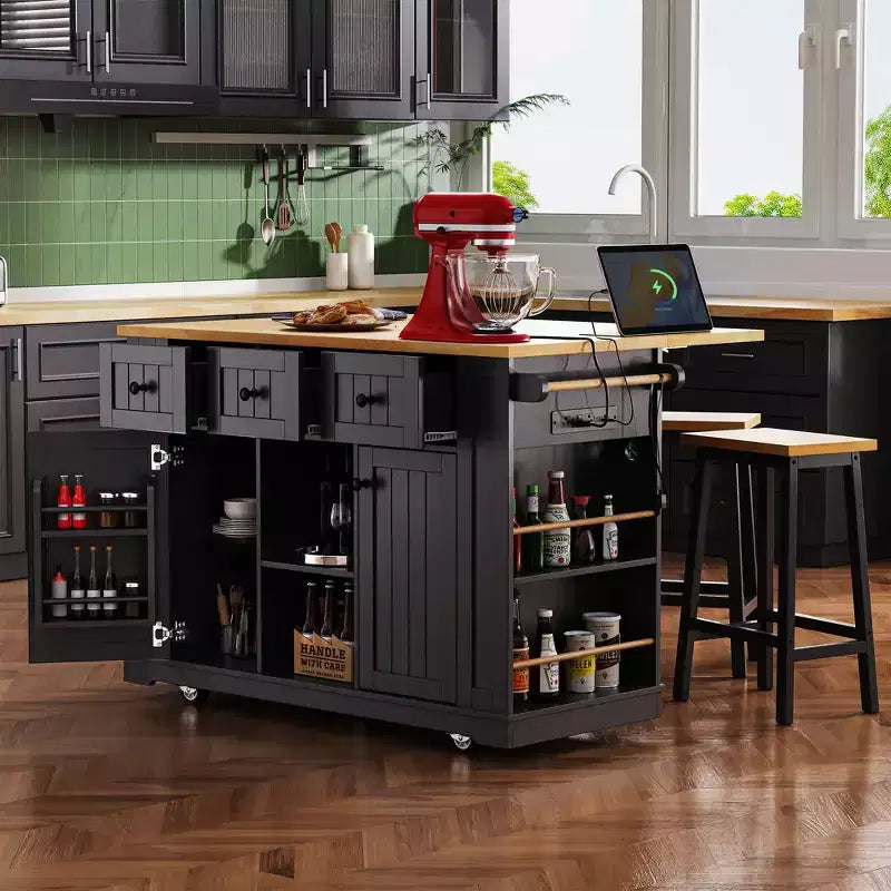 CLIHOME 53 Grand îlot de cuisine avec abattant, support de rangement interne de porte, chariot de cuisine roulant sur 5 roulettes avec 5 étagères latérales ouvertes