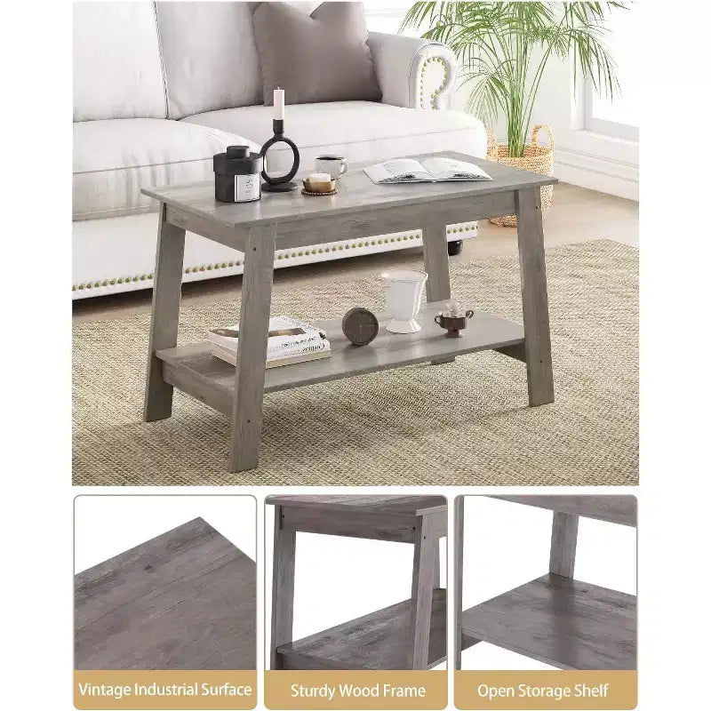 Table basse de ferme moderne avec étagère de rangement, table centrale rectangulaire à 2 niveaux en bois pour le salon et le bureau à domicile