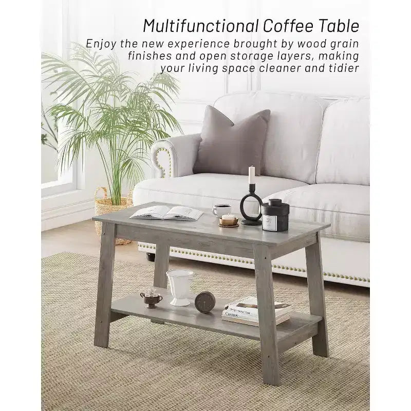 Table basse de ferme moderne avec étagère de rangement, table centrale rectangulaire à 2 niveaux en bois pour le salon et le bureau à domicile