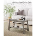 Table basse de ferme moderne avec étagère de rangement, table centrale rectangulaire à 2 niveaux en bois pour le salon et le bureau à domicile