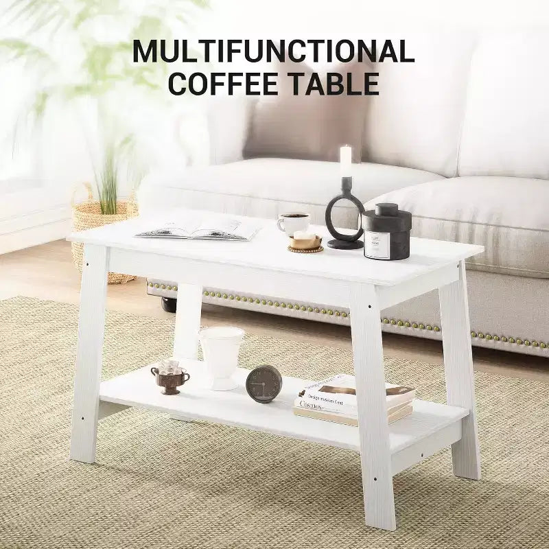 Table basse de ferme moderne avec étagère de rangement, table centrale rectangulaire à 2 niveaux en bois pour le salon et le bureau à domicile