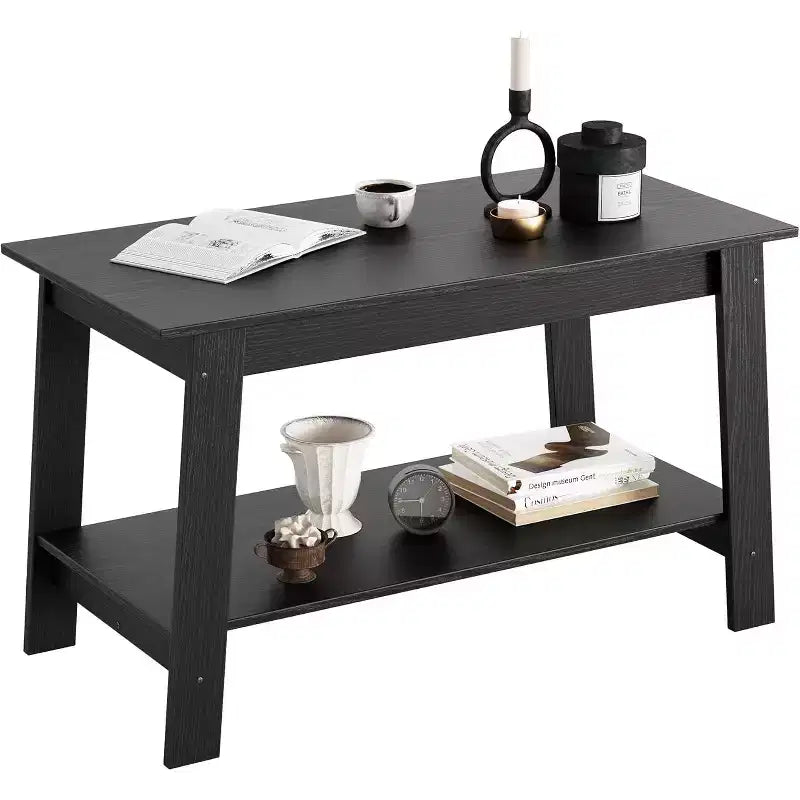 Modern Farmhouse Coffee Table with Storage Shelf, 2-Tier Rectangular Wood Center Table for Living Room and Home Office