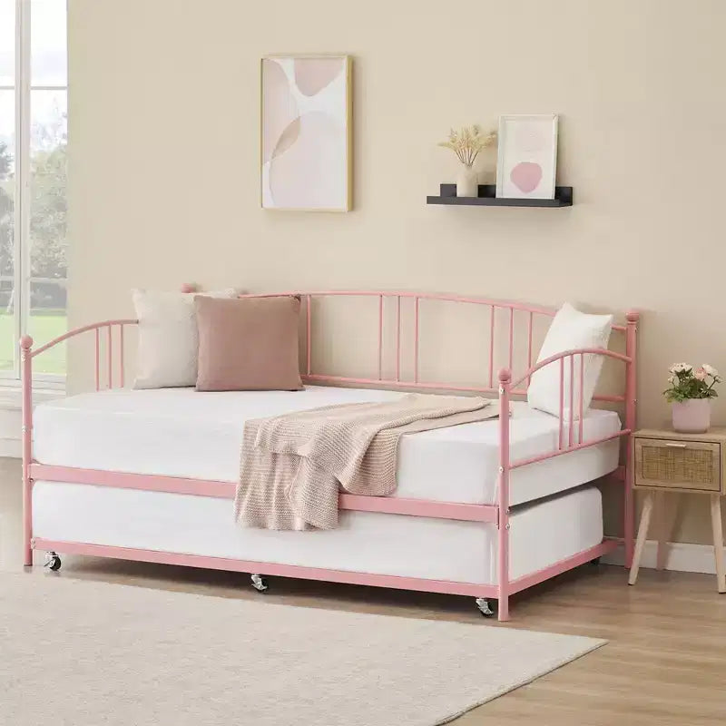 Lit de repos en métal GustoWave avec lit gigogne et lattes en acier, lit de repos double avec tête de lit arquée