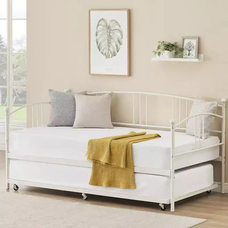 Lit de repos en métal GustoWave avec lit gigogne et lattes en acier, lit de repos double avec tête de lit arquée