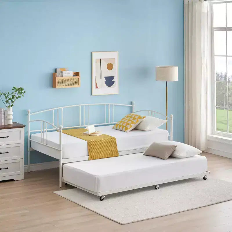 Lit de repos en métal GustoWave avec lit gigogne et lattes en acier, lit de repos double avec tête de lit arquée
