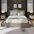 Queen Platform Bed with 4 Drawers - Corduroy Tufted Headboard, Wood Slats, No Box Spring, Brown