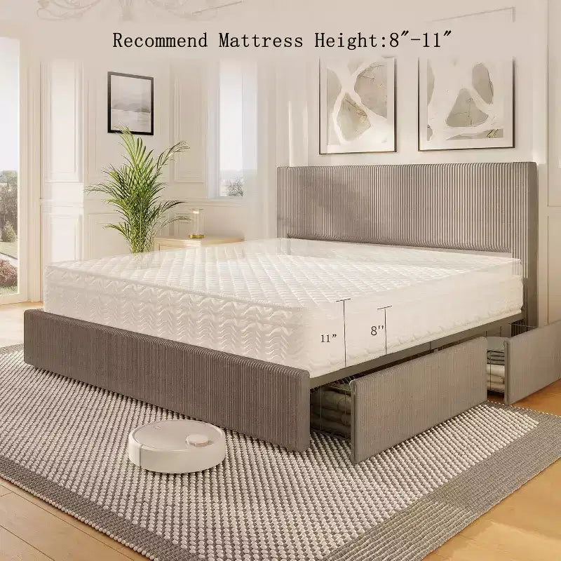 Lit plateforme queen avec 4 tiroirs - Tête de lit capitonnée en velours côtelé, lattes en bois, sans sommier tapissier, marron