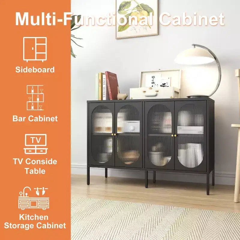Meuble buffet Okak avec rangement, buffet haut avec portes vitrées et étagères réglables, placard de rangement pour cuisine et salle à manger