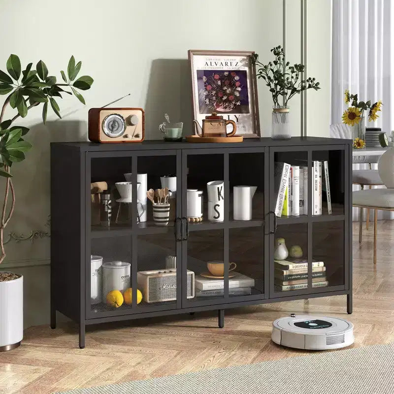 Meuble buffet Okak avec rangement, buffet haut avec portes vitrées et étagères réglables, placard de rangement pour cuisine et salle à manger