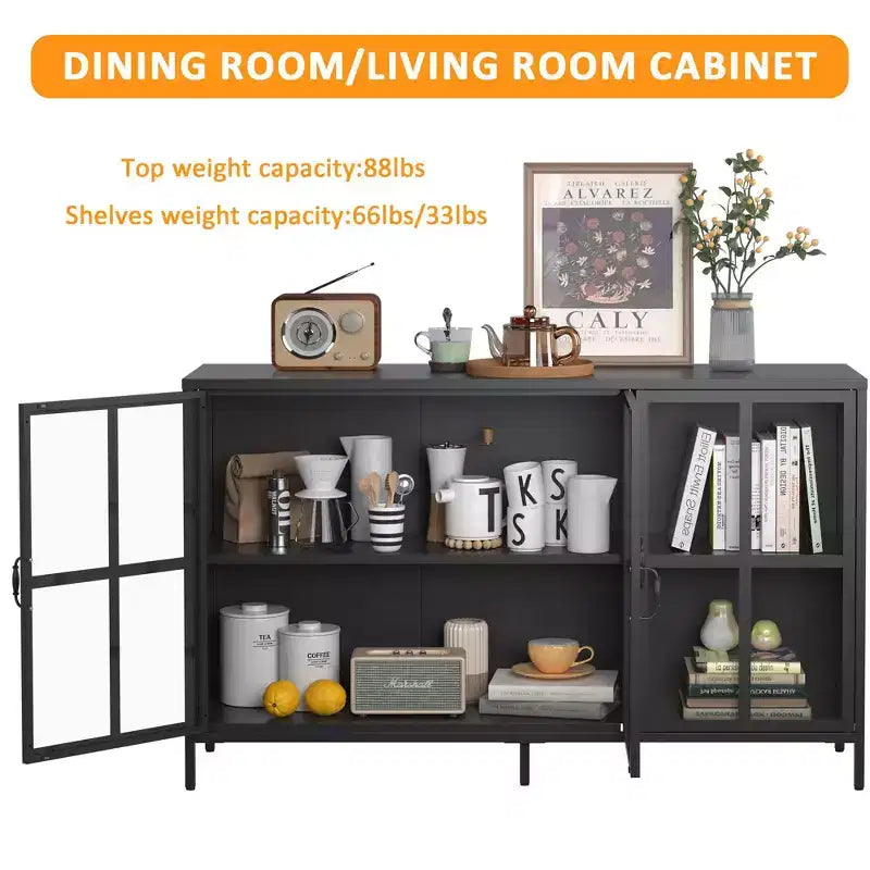 Meuble buffet Okak avec rangement, buffet haut avec portes vitrées et étagères réglables, placard de rangement pour cuisine et salle à manger