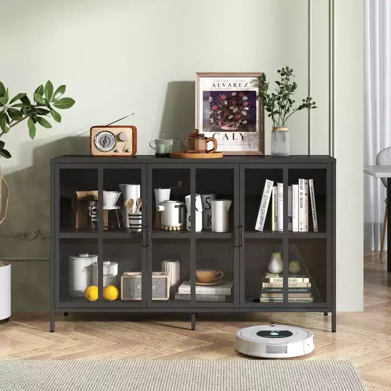Meuble buffet Okak avec rangement, buffet haut avec portes vitrées et étagères réglables, placard de rangement pour cuisine et salle à manger