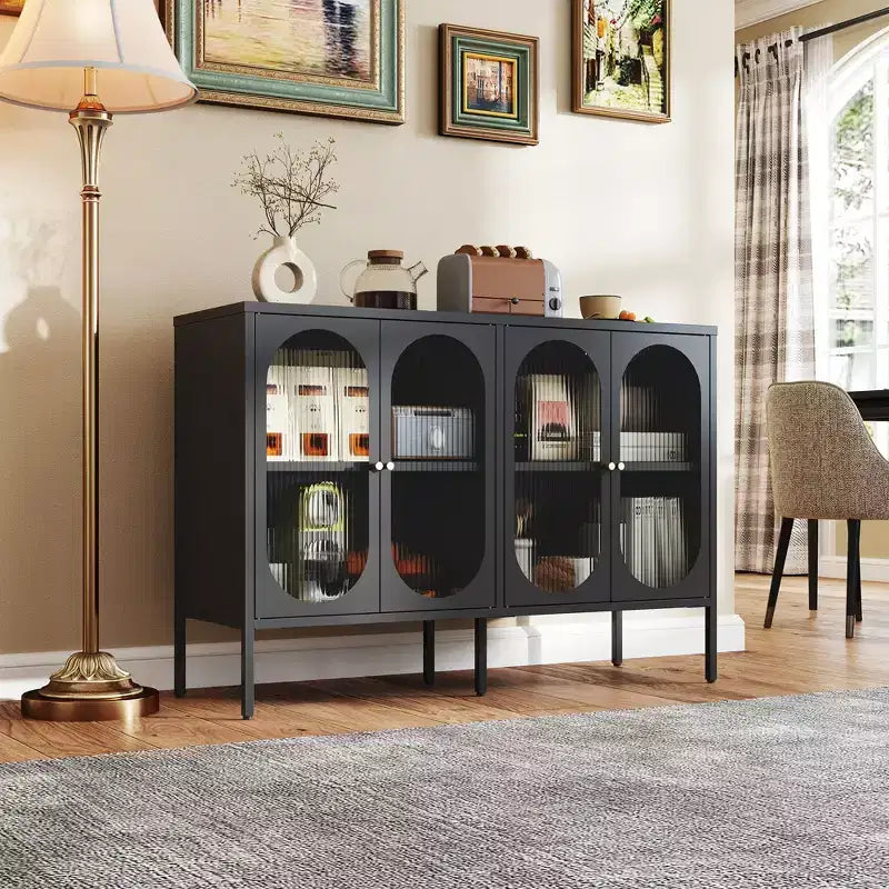 Meuble buffet Okak avec rangement, buffet haut avec portes vitrées et étagères réglables, placard de rangement pour cuisine et salle à manger