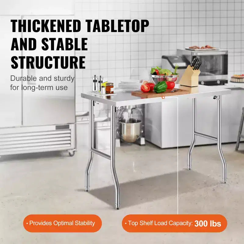 Table de préparation commerciale pliante VEVOR, poste de travail commercial de 122 x 61 cm, table pliante en acier inoxydable robuste avec charge de 136 kg, argent