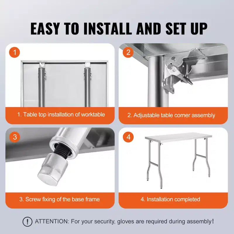Table de préparation commerciale pliante VEVOR, poste de travail commercial de 122 x 61 cm, table pliante en acier inoxydable robuste avec charge de 136 kg, argent