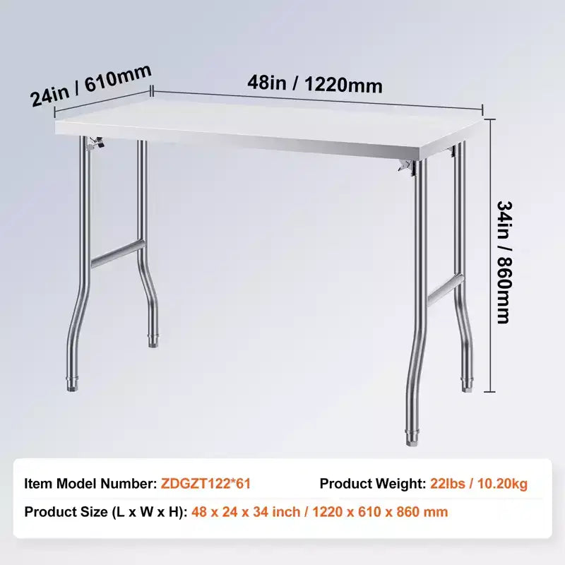 Table de préparation commerciale pliante VEVOR, poste de travail commercial de 122 x 61 cm, table pliante en acier inoxydable robuste avec charge de 136 kg, argent