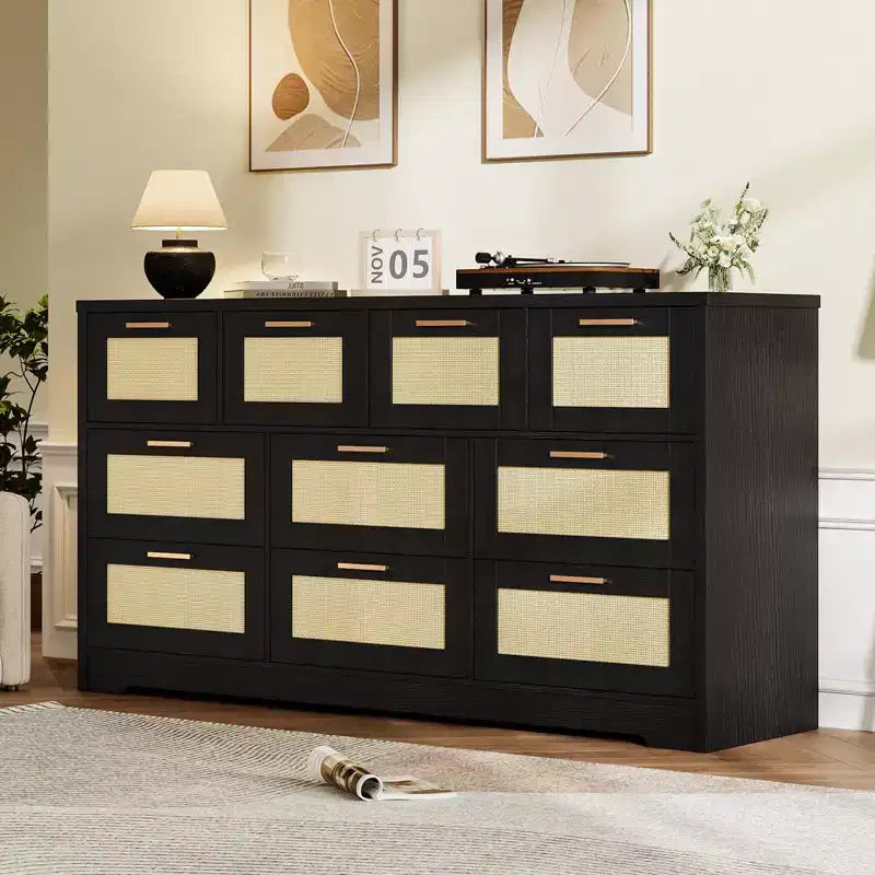 Commode en rotin à 10 tiroirs 152 x 41 x 81 cm Meuble TV en bois Grand plateau Poignées élégantes pour chambre, salon, couloir
