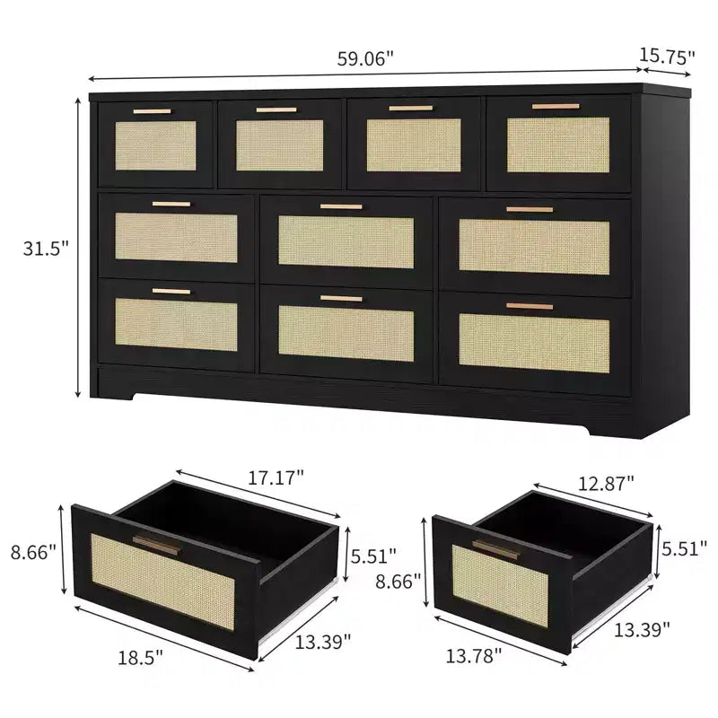 Commode en rotin à 10 tiroirs 152 x 41 x 81 cm Meuble TV en bois Grand plateau Poignées élégantes pour chambre, salon, couloir