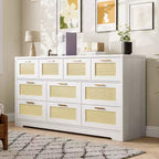 Commode en rotin à 10 tiroirs 152 x 41 x 81 cm Meuble TV en bois Grand plateau Poignées élégantes pour chambre, salon, couloir