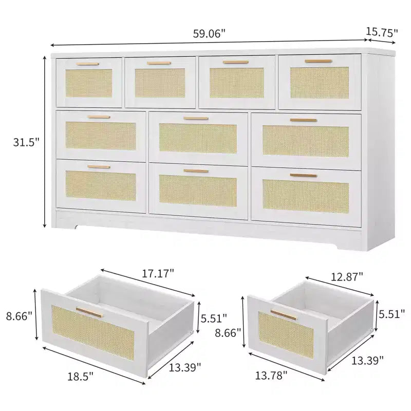 Commode en rotin à 10 tiroirs 152 x 41 x 81 cm Meuble TV en bois Grand plateau Poignées élégantes pour chambre, salon, couloir