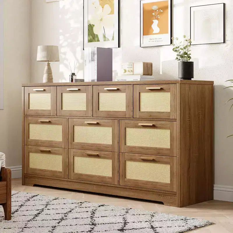 Commode en rotin à 10 tiroirs 152 x 41 x 81 cm Meuble TV en bois Grand plateau Poignées élégantes pour chambre, salon, couloir