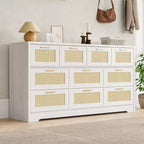 Commode en rotin à 10 tiroirs 152 x 41 x 81 cm Meuble TV en bois Grand plateau Poignées élégantes pour chambre, salon, couloir