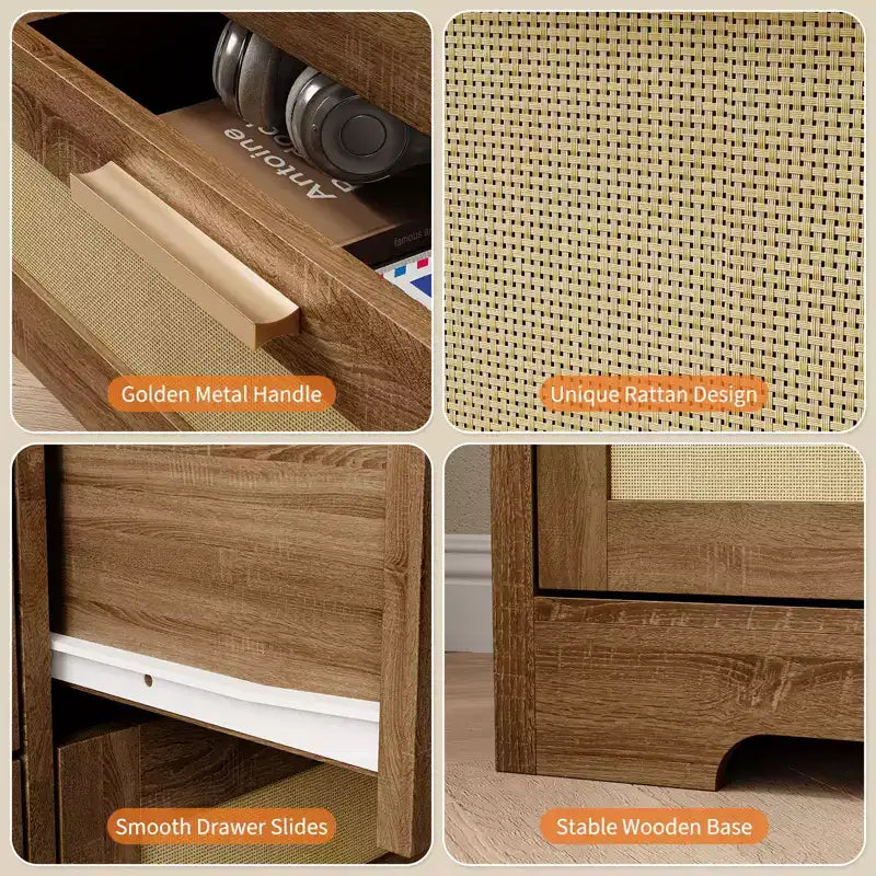 Commode en rotin à 10 tiroirs 152 x 41 x 81 cm Meuble TV en bois Grand plateau Poignées élégantes pour chambre, salon, couloir