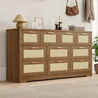 Commode en rotin à 10 tiroirs 152 x 41 x 81 cm Meuble TV en bois Grand plateau Poignées élégantes pour chambre, salon, couloir