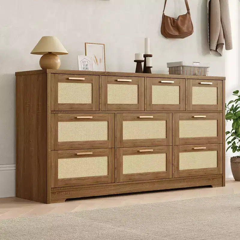 Commode en rotin à 10 tiroirs 152 x 41 x 81 cm Meuble TV en bois Grand plateau Poignées élégantes pour chambre, salon, couloir