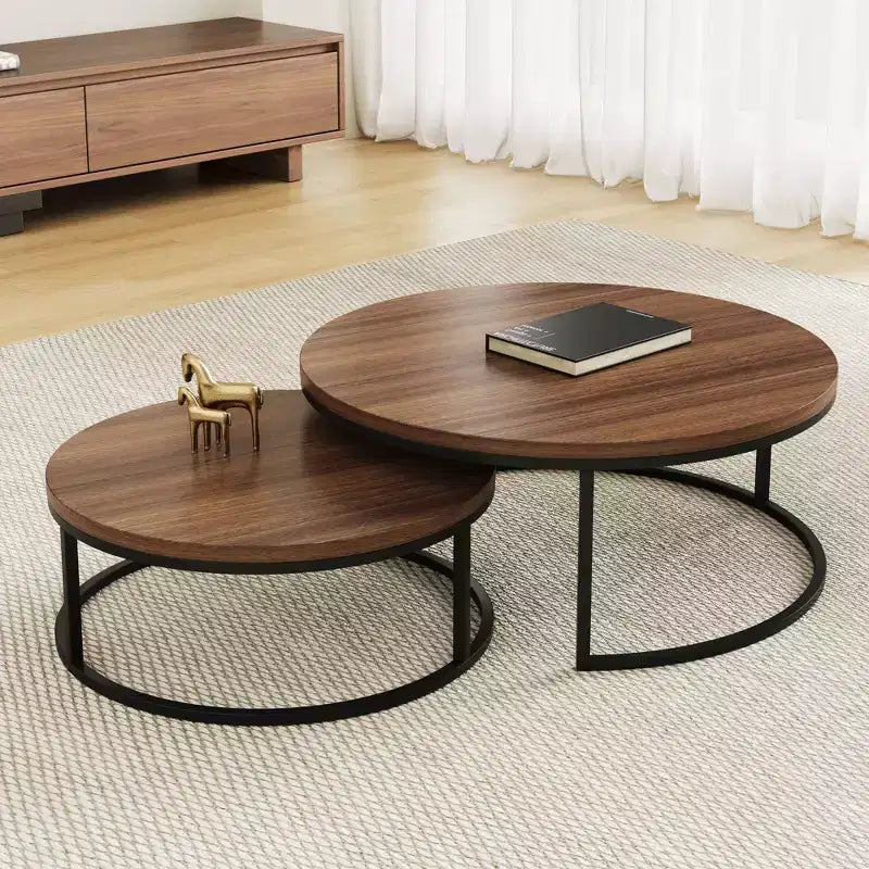 Gaoyangjiaju Table basse gigogne ronde moderne de 31,5 po, ensemble de 2 - Tables basses circulaires industrielles pour salon - Noyer/Noir